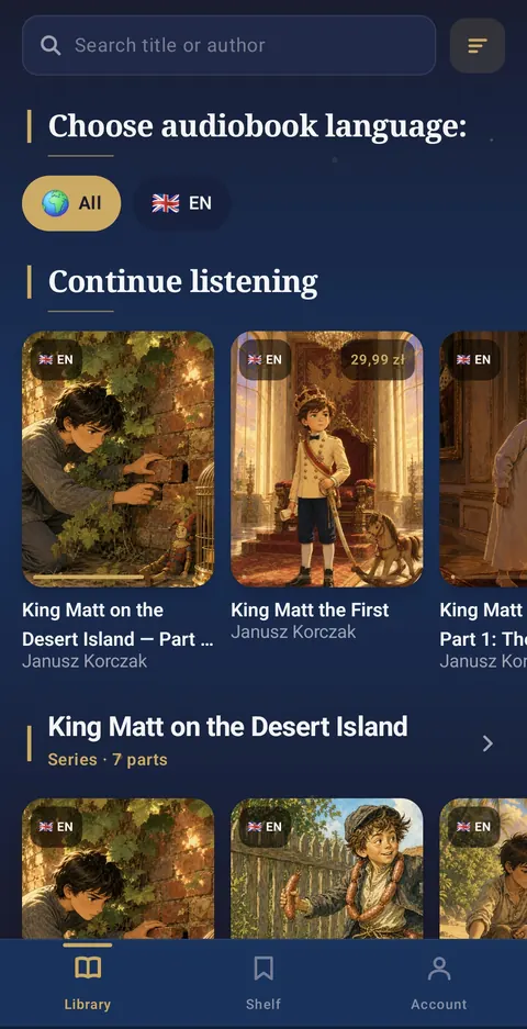 Aplikacja Audio Opowieści — biblioteka z okładkami i serią „King Matt”