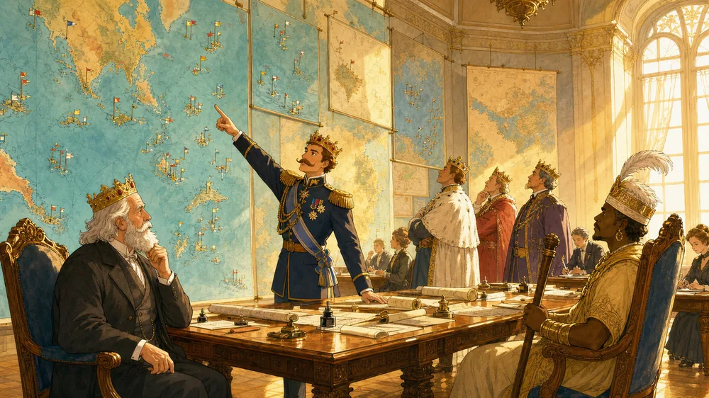 Kings before a wall of world maps stuck with little flags
