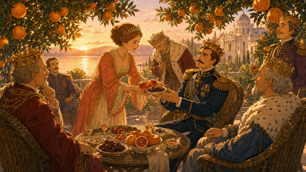 The white kings conferring alone in an orange grove by a lake