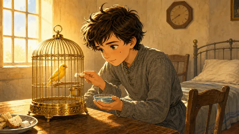 Matt in his prison room feeding a canary in a cage