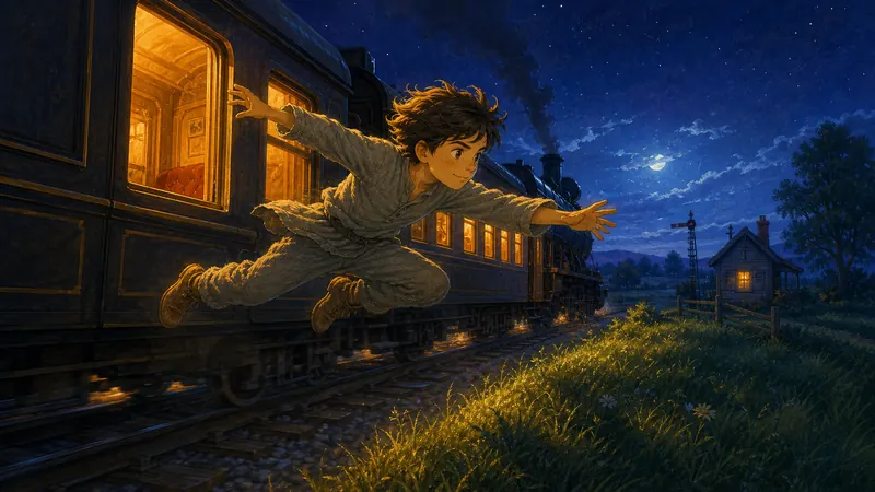 Matt leaping from a moving train at night