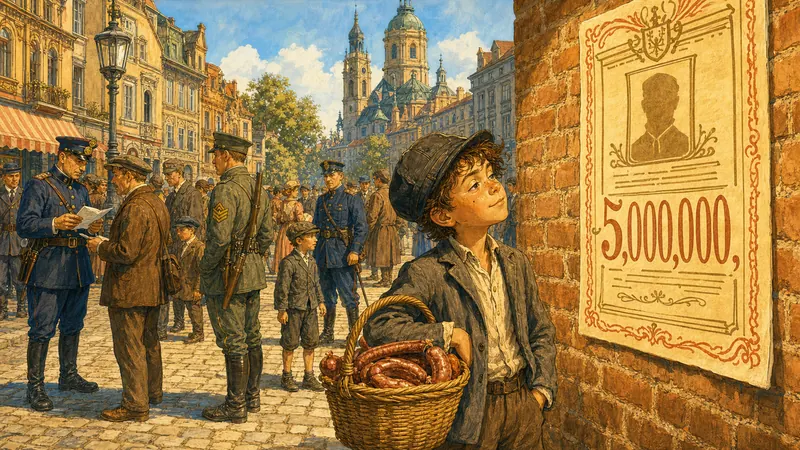 Matt with a basket in front of a five-million wanted poster