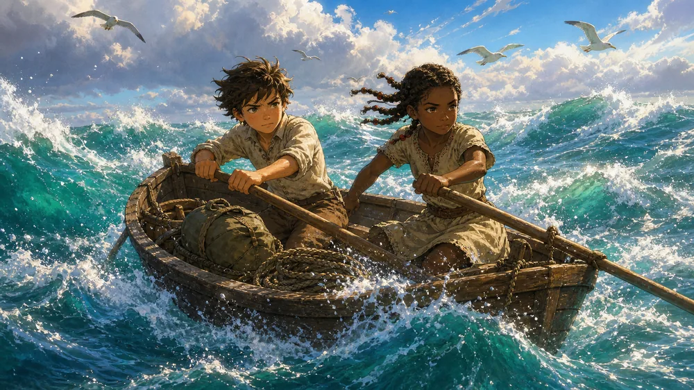 Illustration: Maciuś and Klu-Klu rowing a small boat through rough sea