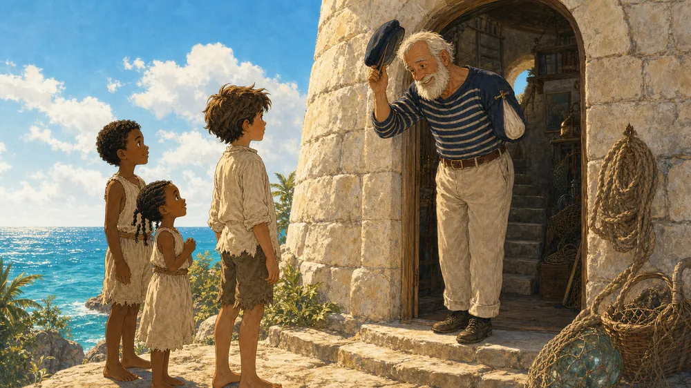 Illustration: the one-handed lighthouse keeper raises his cap to Maciuś and two small children at the lighthouse door