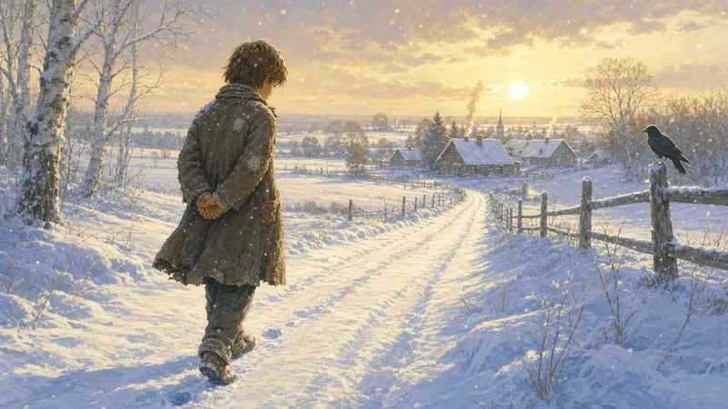 Matt walking along a snowy road towards a village
