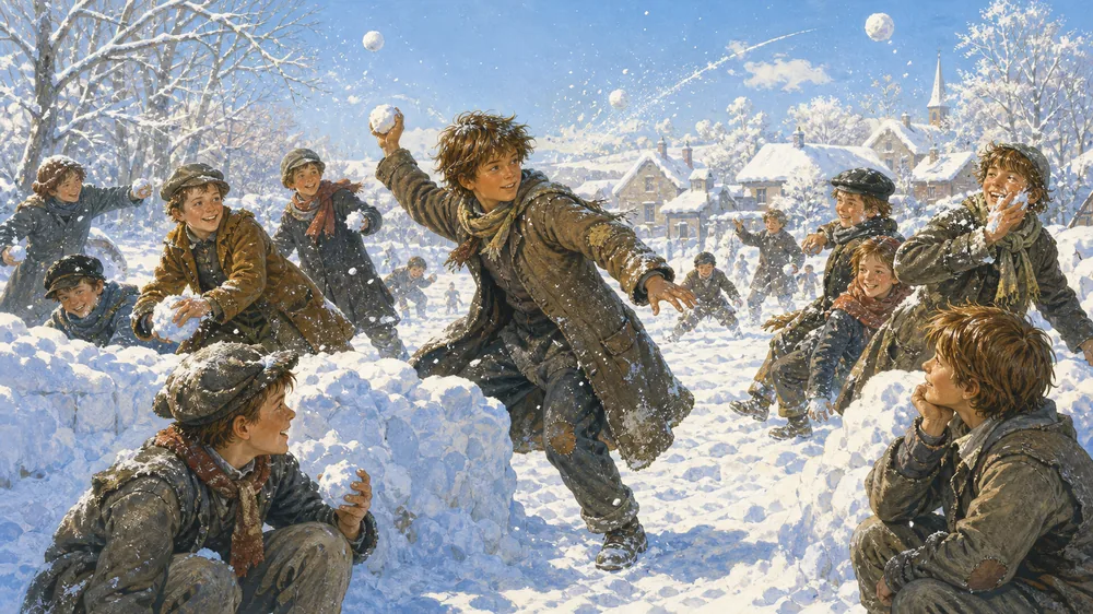 Illustration: village boys in a snowball fight between snow ramparts