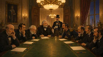 Illustration: the ministers in council around a long table in the palace
