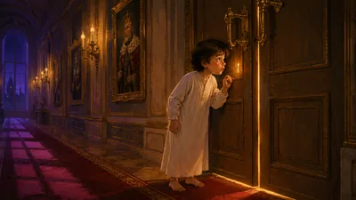 Illustration: little Maciuś in the corridor, unable to reach the high door-handle