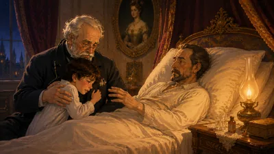 Illustration: Maciuś at his dying father's bedside with the old doctor