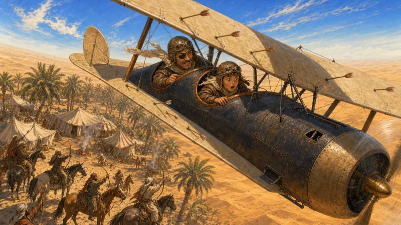Matt’s aeroplane over the desert with arrows stuck in its wings