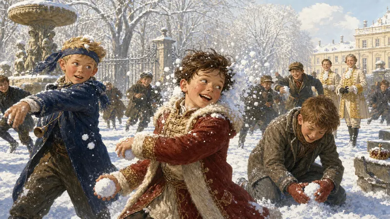 Matt and other children in a huge snowball fight