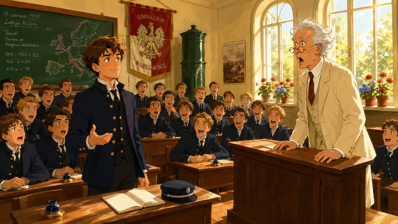 Illustration: the history lesson in which Adaś confesses to cracking the Professor's examination method