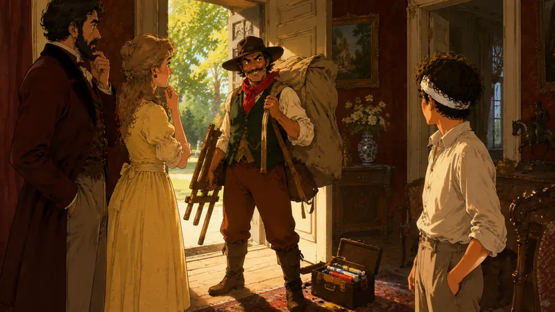 The wandering painter in a wide-brimmed hat arrives at the manor